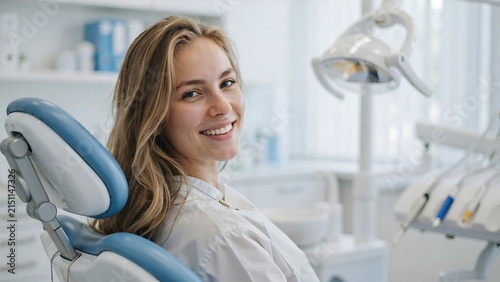 Smiling woman sitting comfortably in dental clinic chair during dental appointment