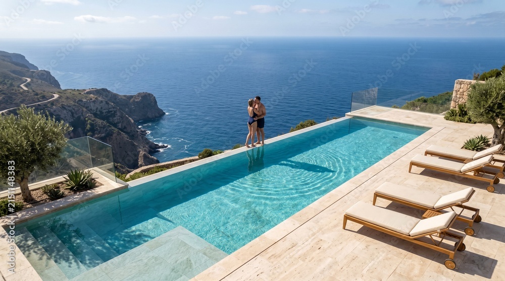 Fototapeta premium Couple Embracing Beside Luxury Infinity Pool Overlooking Dramatic Blue Ocean and Rocky Coastline, Romantic Summer Vacation at Exclusive Seaside Villa