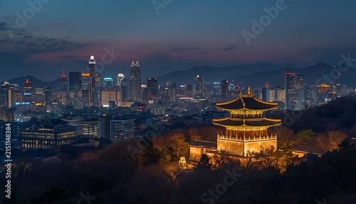 Seoul South Korea Night Cityscape with Traditional Korean Palace and Modern Skyline, Illuminated Urban Architecture, Travel Destination and Cultural Heritage
