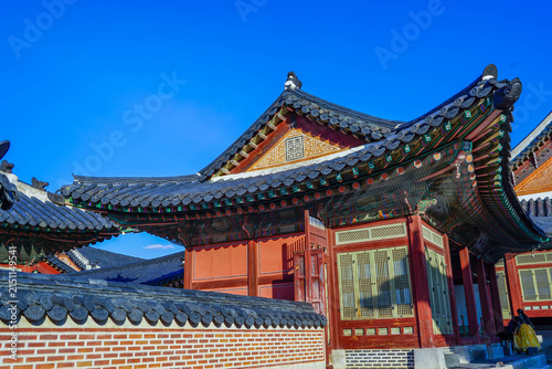 Traditional Korean Palace Building and Brick Wall