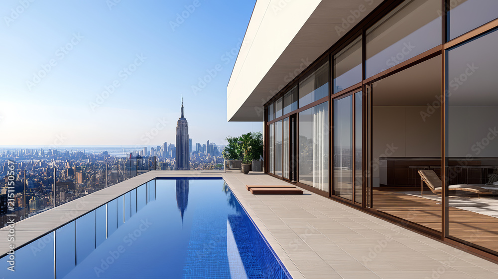 Fototapeta premium Luxurious penthouse terrace with rooftop pool and stunning city skyline view