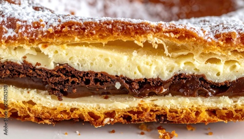 Layered pastry cake with vanilla cream and chocolate filling.