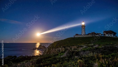 Lighthouse on a cliff under a bright moonlit sky.
