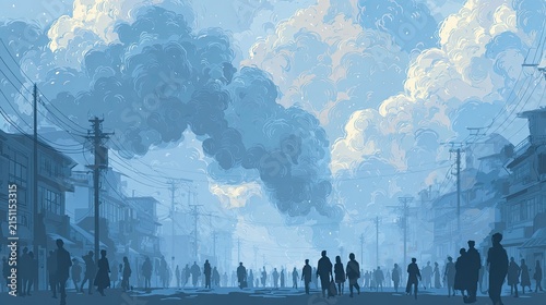 Urban Landscape with Silhouettes Under Dramatic Cloudy Sky