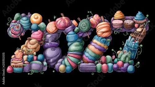 Colorful Candy Display with Artistic Sweets and Treats on Dark Background