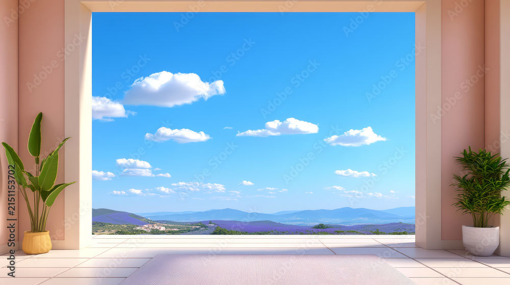 Fototapeta premium Serene terrace with view of lavender fields and clear blue sky creates peaceful atmosphere