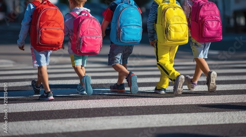 Children Walk Together on Street with Colorful Backpacks