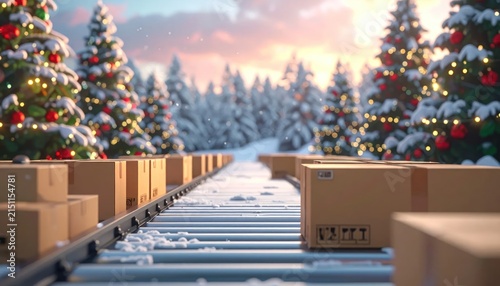 Logistics conveyor belt with packages in snowy Christmas forest.