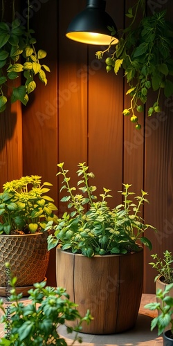 Indoor herb garden with rustic wooden planter and dramatic spotlight effect, wooden, plants