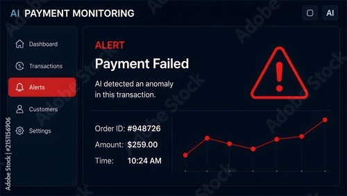Dark mode software interface for artificial intelligence payment monitoring displaying a transaction anomaly alert and failed payment analytics.