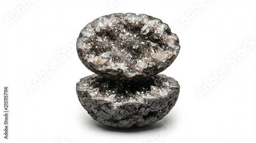 Opened geode with sparkling quartz crystals inside, split halves stacked, isolated on white background