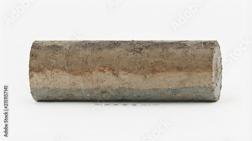 Sediment core sample showing soil stratigraphy layers, geological drill core specimen, isolated on white background