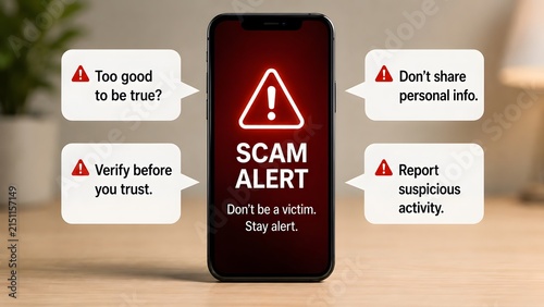 Smartphone displaying a scam alert surrounded by educational warning messages advising users to verify information and report suspicious activity.