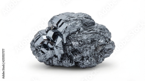 Natural hematite mineral specimen, metallic silver-gray iron ore crystal, isolated on white background