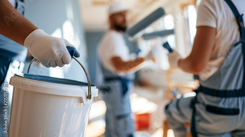 cropped rear view of male painters holding a paint bucket and rollers while refurbishing apartment walls in a bright room, faces out of frame, teamwork concept, handymen,