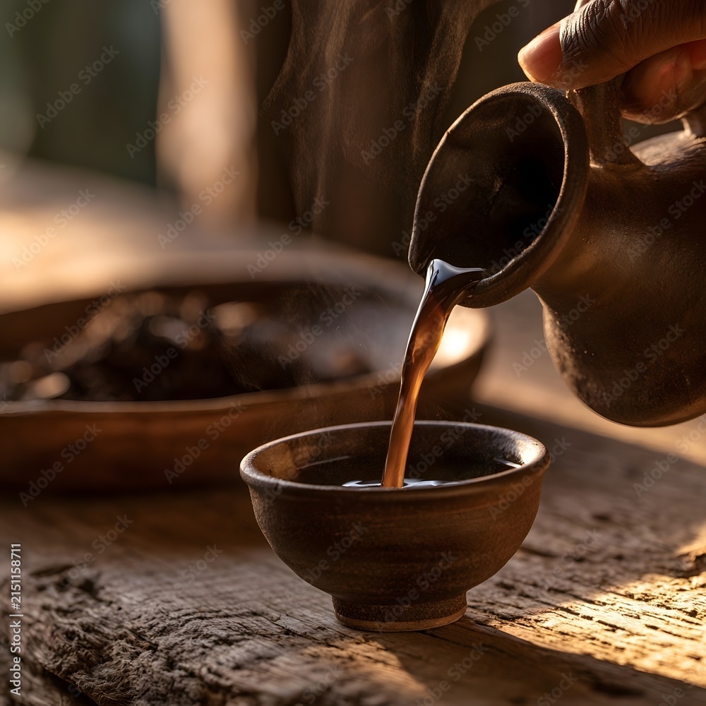 Fototapeta premium Ethiopian coffee being poured from clay jebena