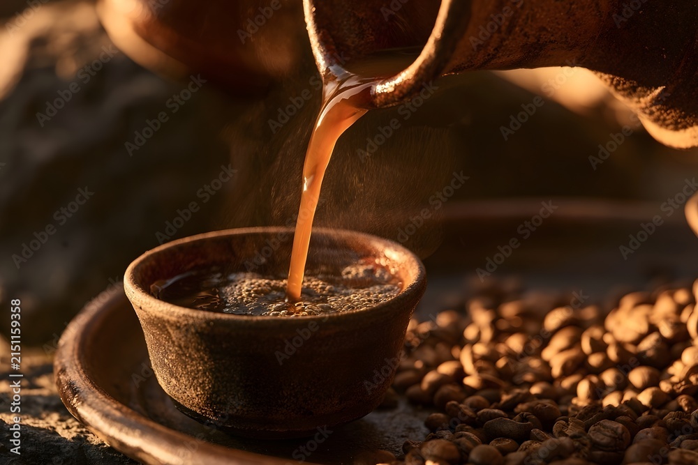 Fototapeta premium Small cup filling with dark Ethiopian coffee