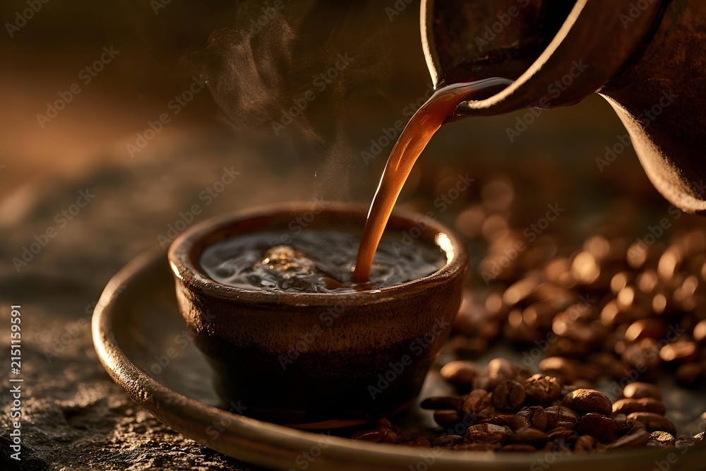 Fototapeta premium Traditional jebena pouring coffee into small cup