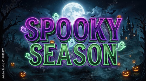 Vibrant spooky season graphic with glowing text and halloween elements under moonlit sky with moonlit forest backdrop with digital graphic celebrating