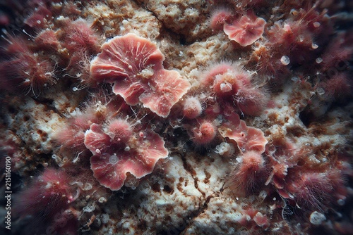 Extreme macro photograph of pink coralline algae surface displaying intricate calcium formations and organic texture