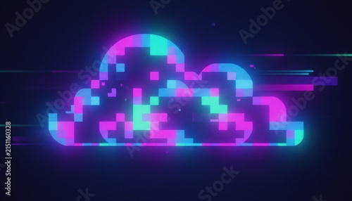 Glowing digital cloud icon with a pixelated glitch effect shines with vibrant neon pink and cyan colors, symbolizing data storage and futuristic network technology