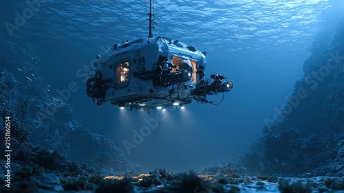 Underwater research vessel floats silently above the dark seabed while scanning the ocean environment.