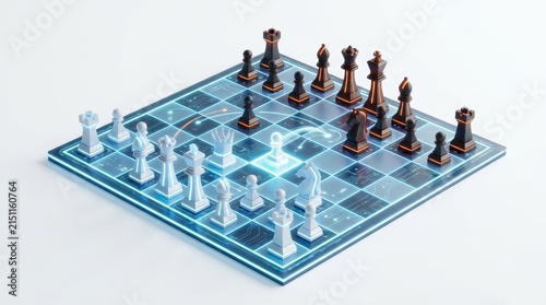 Glass chess set on reflective board with pieces arranged.