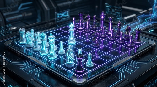 Futuristic holographic chess game with glowing pieces and circuit board.