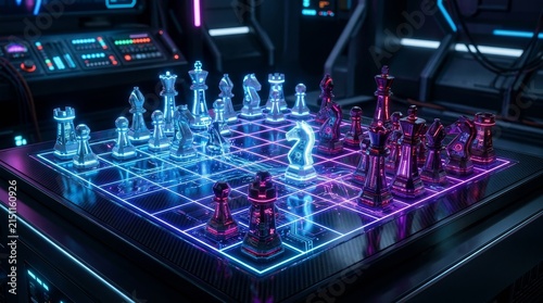 Futuristic holographic chess game with glowing pieces and grid.