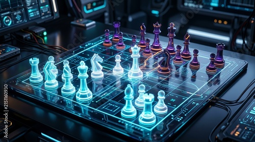 Futuristic holographic chess game on glowing board.