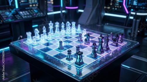 Futuristic Neon Chess Board in Dark Room.