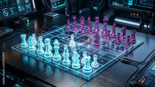Futuristic holographic chess game on glowing board.