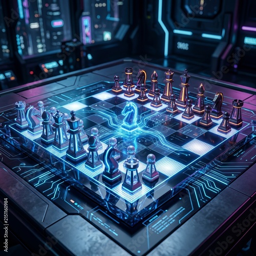 Futuristic Cyber Chess Board with Neon Circuit Design.