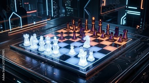 Futuristic Chess Board with Neon Lights and Strategy Game.