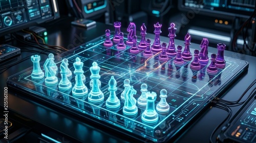 Futuristic holographic chess game on glowing board.