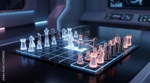 Futuristic holographic chess game in dark room.