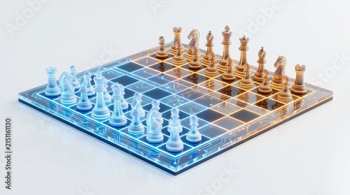 Crystal Chess Set on Glass Board with Reflections.