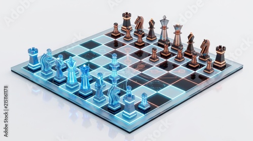 Colorful 3D Chess Set on Blue Checkered Board.