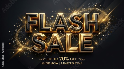 Glossy gold 3d flash sale banner with sparkling discount effects with high contrast promotional banner with metallic text advertising
