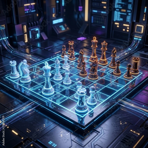Futuristic holographic chess board in cyberpunk setting.