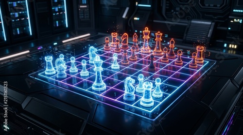 Futuristic holographic chess game in dark room.
