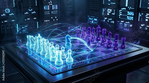 Futuristic holographic chess game in neon cyberpunk setting.