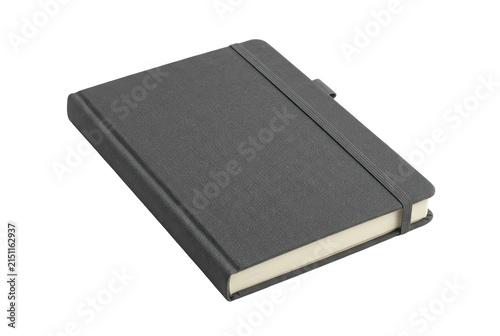 Grey hardbound notebook with elastic closure on black background