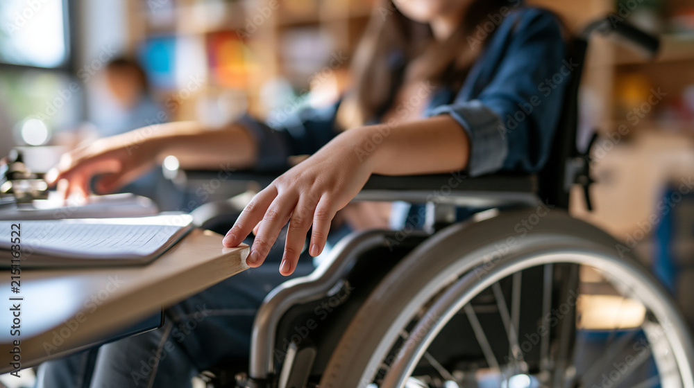 Obraz premium Bright classroom interior where a girl in a wheelchair sits at a desk with an open workbook cropped below the chin with the face outside the frame clean daylight crisp