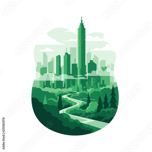 Eco friendly green city skyline with winding road through nature park and forest trees