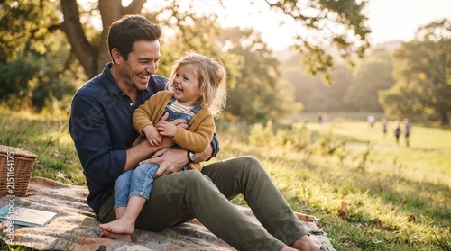 A father and his young daughter share a heartwarming moment during a picnic in a sun-drenched park. They are sitting on a blanket, with the father holding his daughter on his lap.