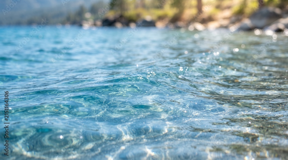 Fototapeta premium Clear blue water gently lapping at the shore, sunlight sparkling on the surface, creating a sense of peace and tranquility. The background shows a hint of a sandy beach and distant trees.