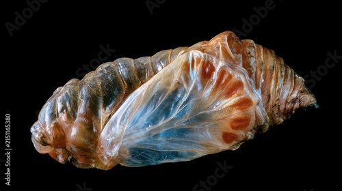 Chrysalis rests against a deep black background while showing the delicate texture of a developing insect metamorphosis stage.