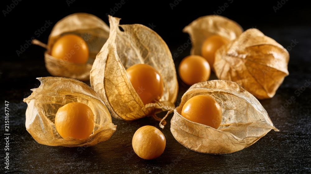 Naklejka premium Physalis fruits sit arranged on a dark surface to highlight their papery husks and golden berries.