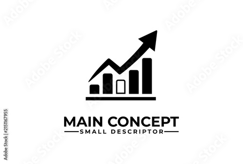 Bar chart with upward arrow demonstrates financial growth and successful business performance.